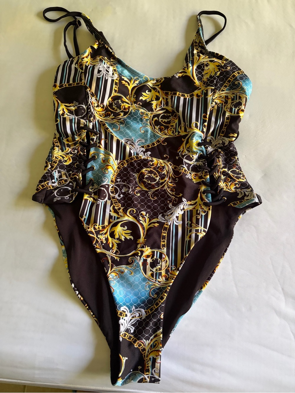 TiniBikini Black, Teal & Gold Baroque One-Piece Swimsuit